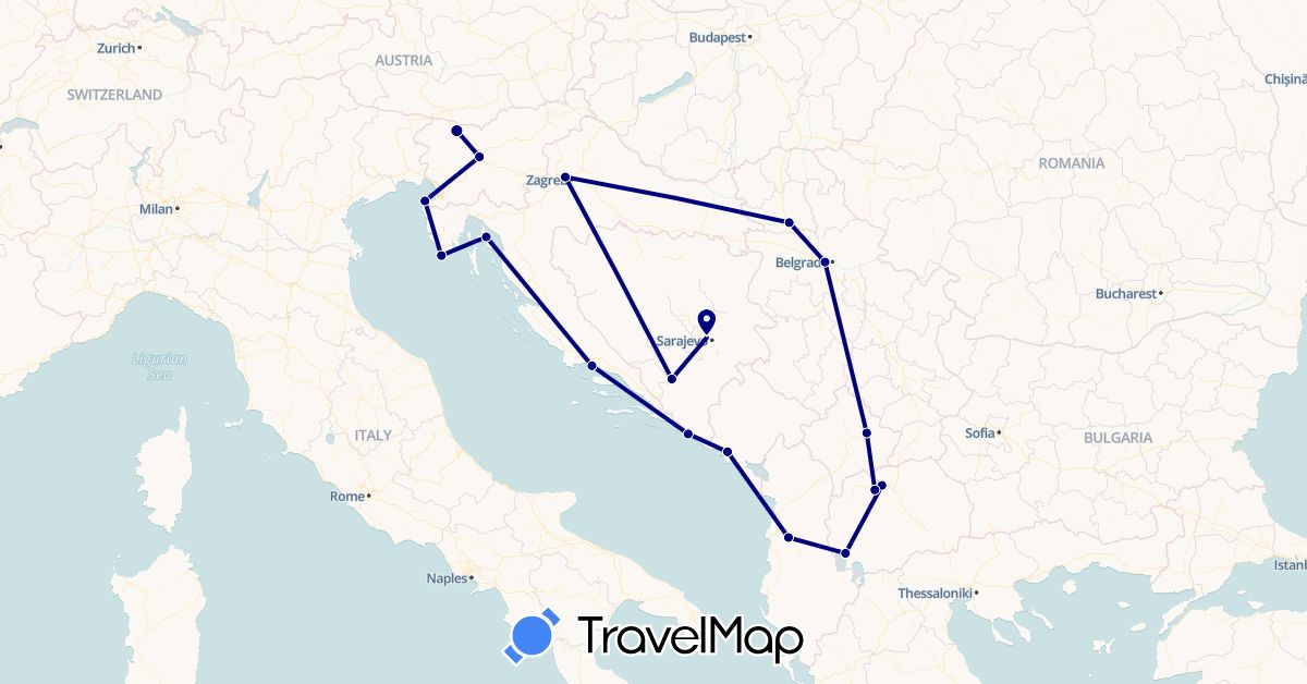 TravelMap itinerary: driving in Albania, Bosnia and Herzegovina, Croatia, Montenegro, Macedonia, Serbia, Slovenia (Europe)